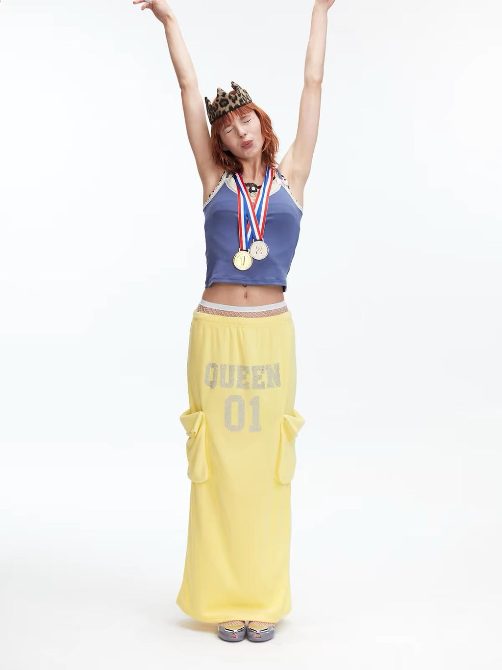Rhinestone Slogan Cargo Drawstring Maxi Skirt