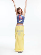 Rhinestone Slogan Cargo Drawstring Maxi Skirt