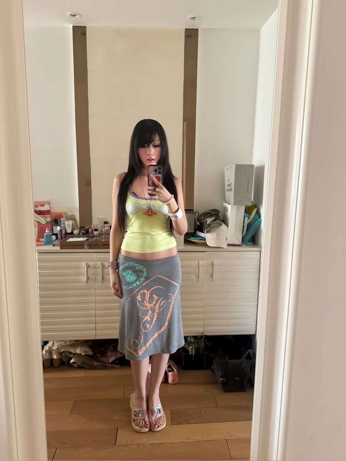 Summer Print Button Pocket Midi Skirt