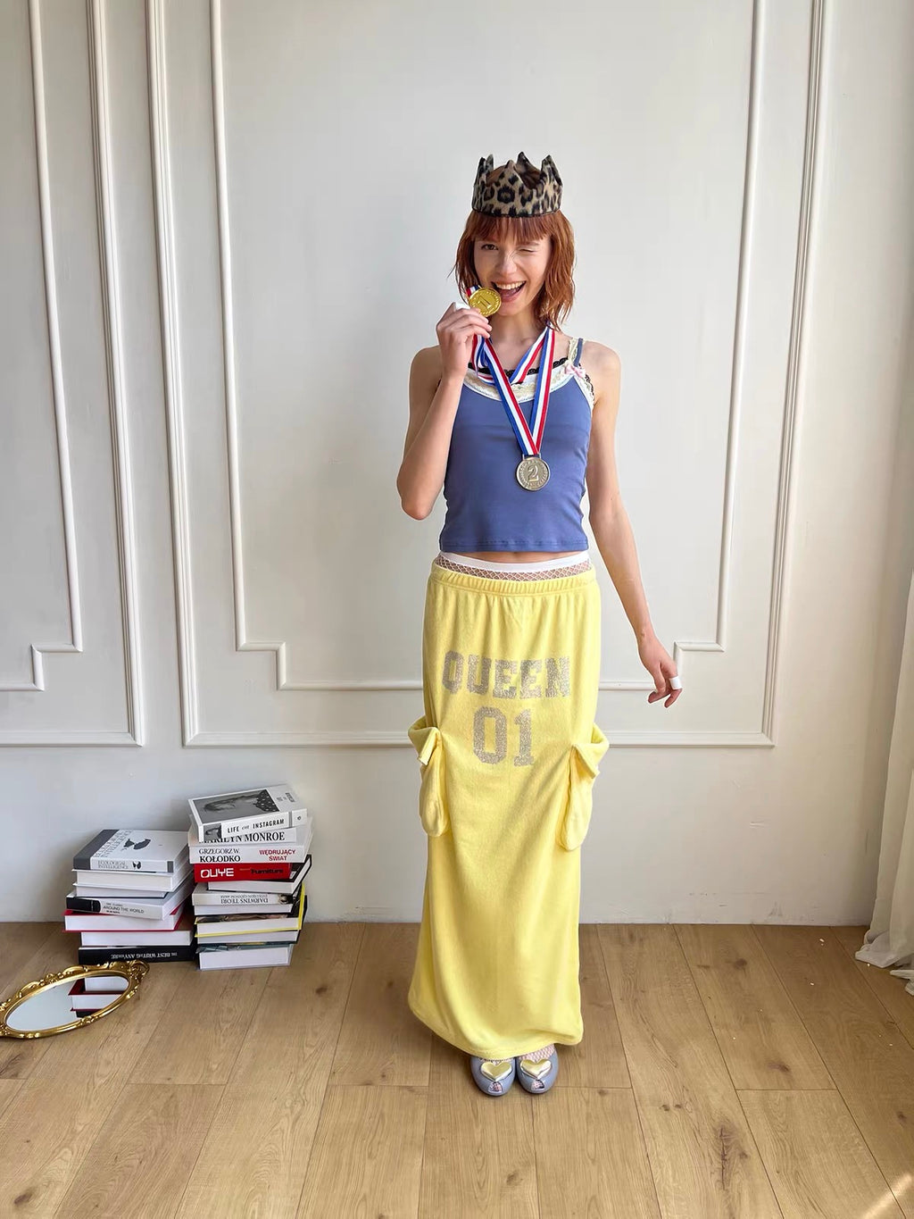 Rhinestone Slogan Cargo Drawstring Maxi Skirt