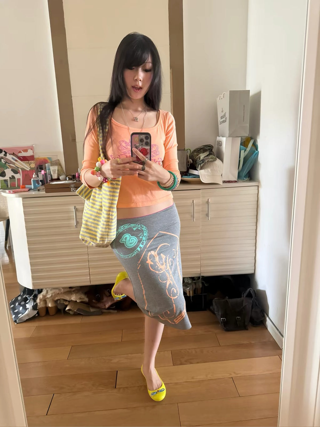 Summer Print Button Pocket Midi Skirt