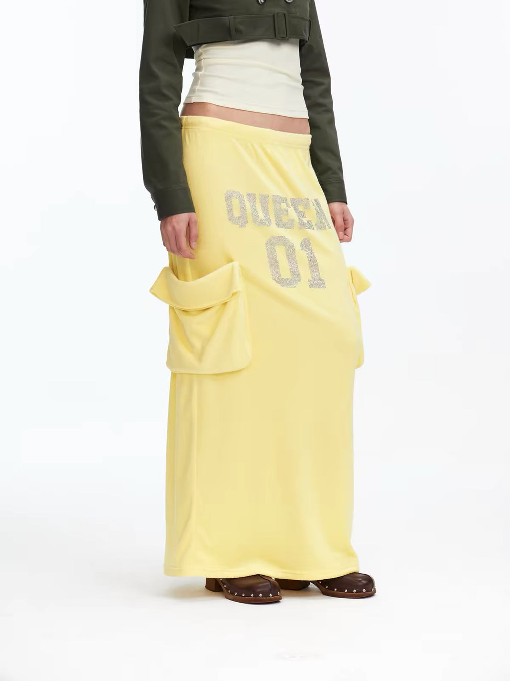 Rhinestone Slogan Cargo Drawstring Maxi Skirt