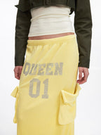 Rhinestone Slogan Cargo Drawstring Maxi Skirt