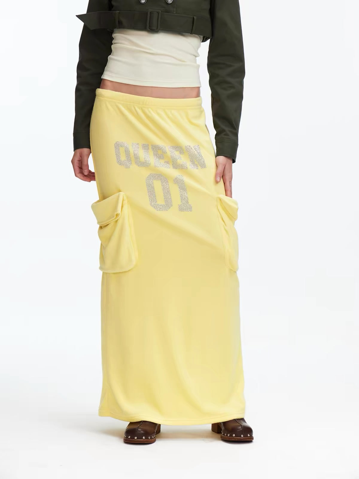 Rhinestone Slogan Cargo Drawstring Maxi Skirt