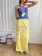 Rhinestone Slogan Cargo Drawstring Maxi Skirt