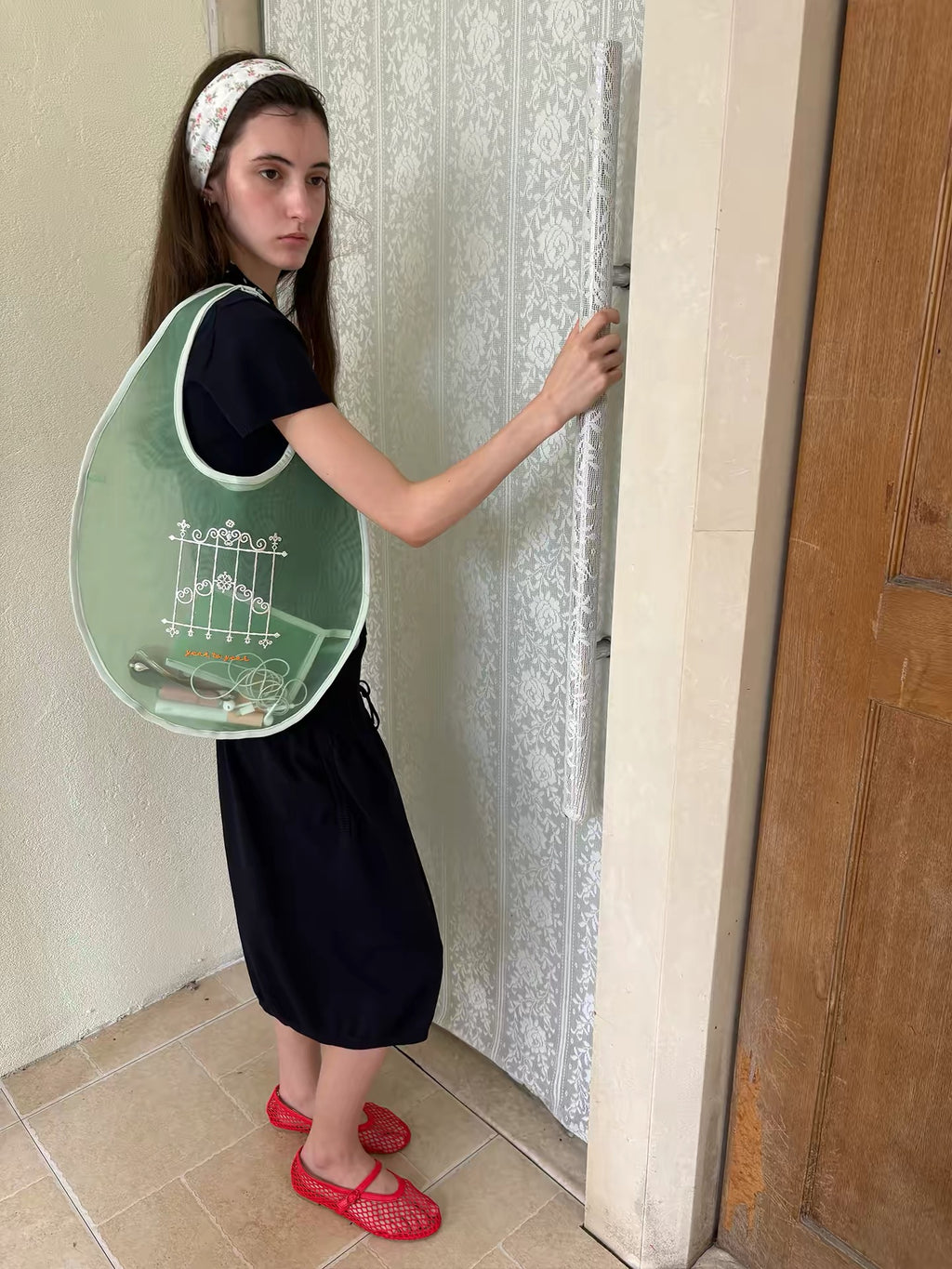 Mint Mesh Embroidered Windowpane Shoulder Bag
