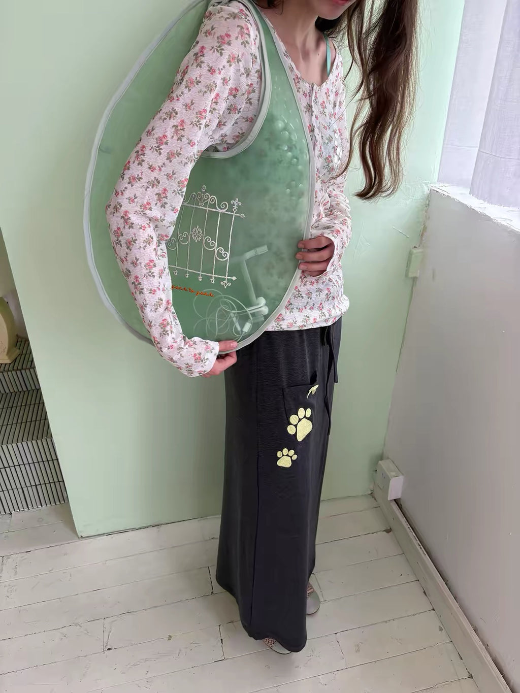 Mint Mesh Embroidered Windowpane Shoulder Bag
