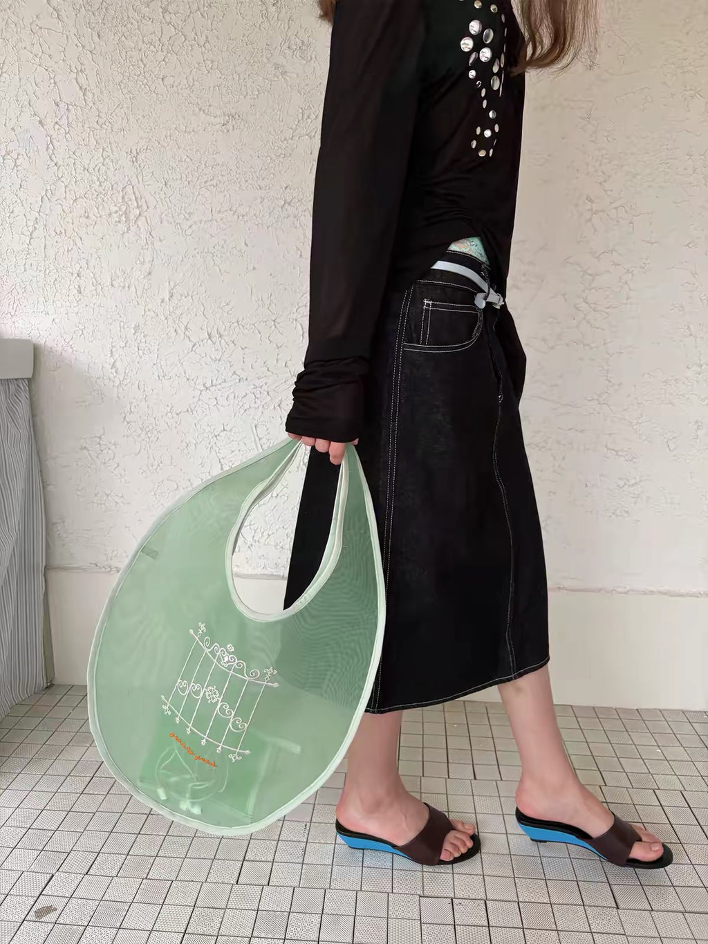 Mint Mesh Embroidered Windowpane Shoulder Bag