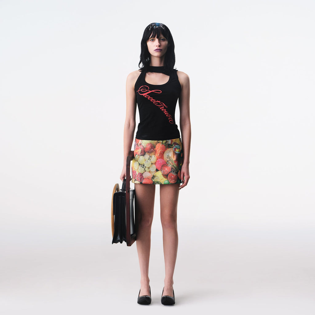 Sequin Tropical Fruit Print Reversible Skort