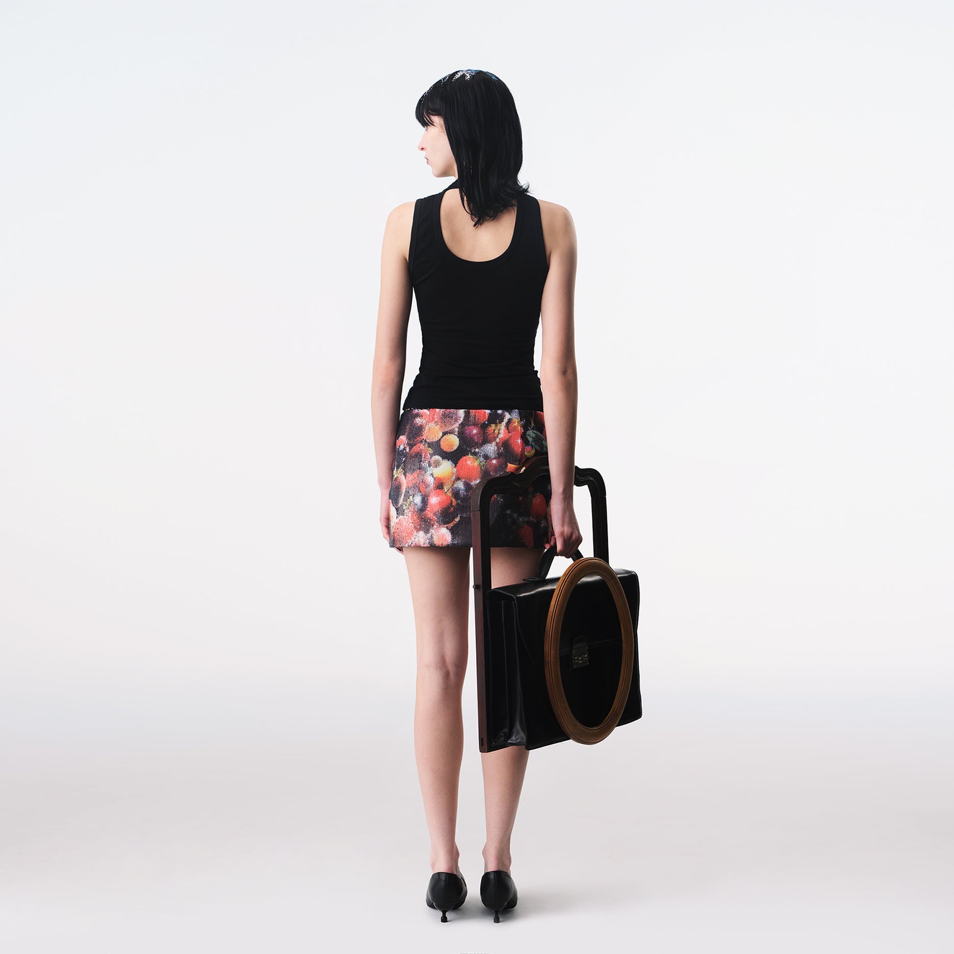 Sequin Tropical Fruit Print Reversible Skort