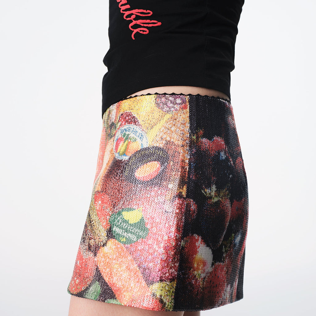 Sequin Tropical Fruit Print Reversible Skort