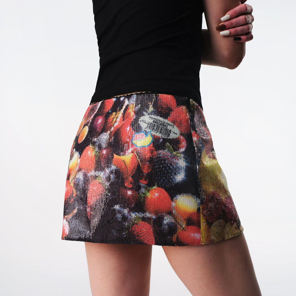 Sequin Tropical Fruit Print Reversible Skort