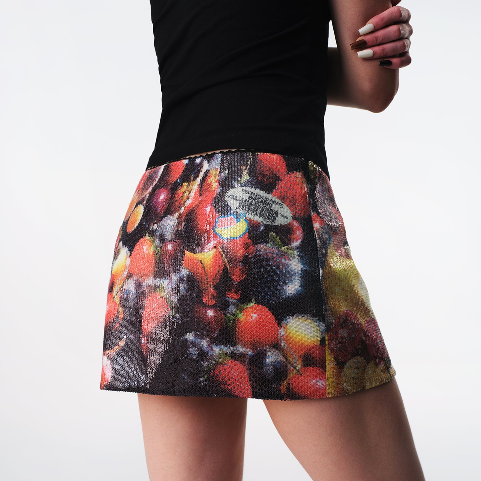 Sequin Tropical Fruit Print Reversible Skort
